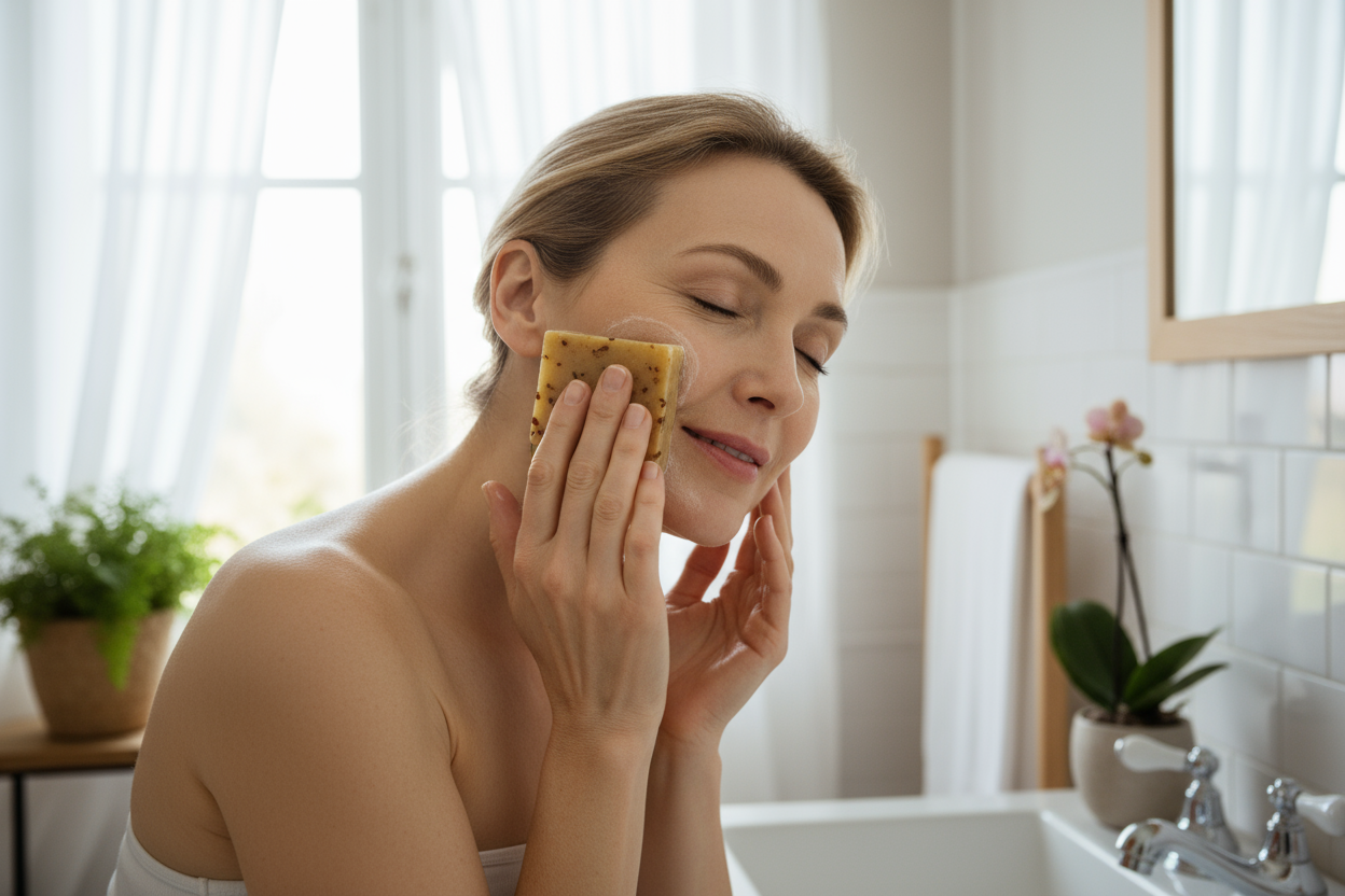  back ground with a mature skin using it on their face