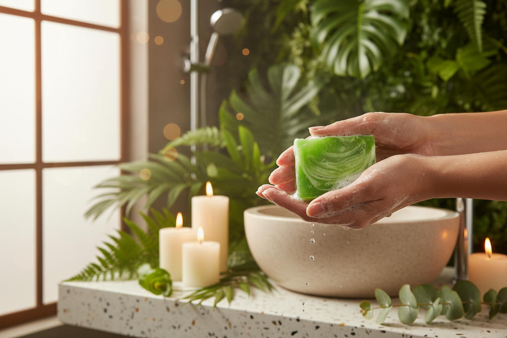 nicer back ground with someone using the bar soap